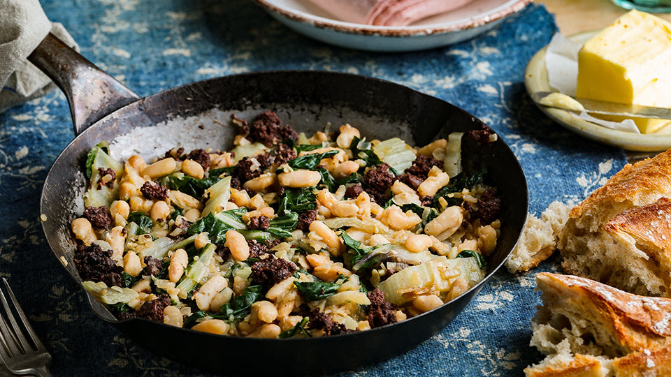 Pan fried beans with Morcilla and Swiss Chard
