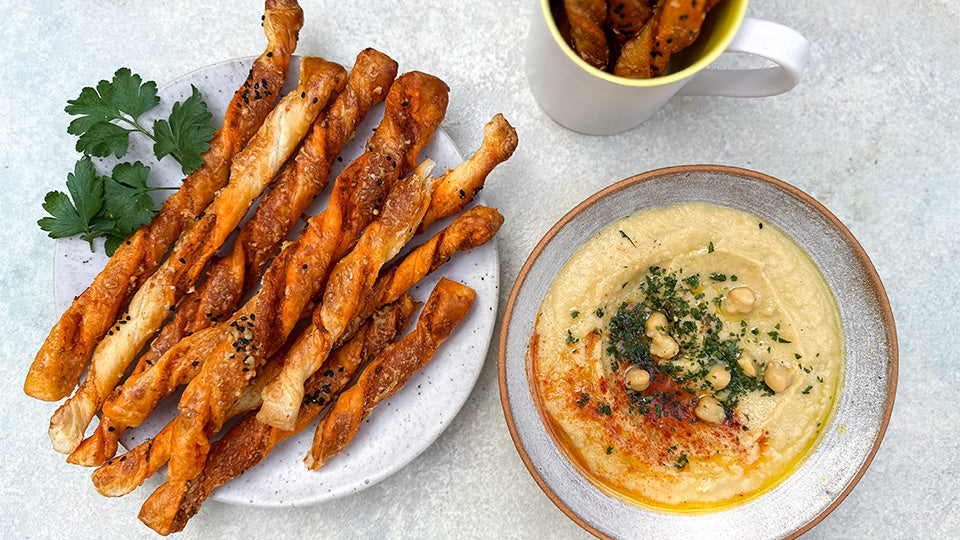 Sobrasada Twists with hummus on the side