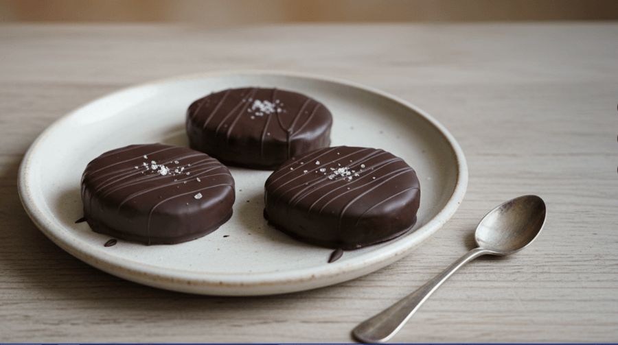 turron & walnut stuffed chocolates (Kariokes) on a plate and a spoon next to them