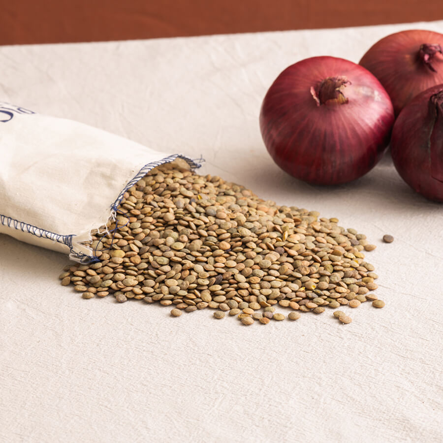 Greenish-brown lentils spilling from an off-white cloth sack onto a textured cream surface, with red onions in the background.