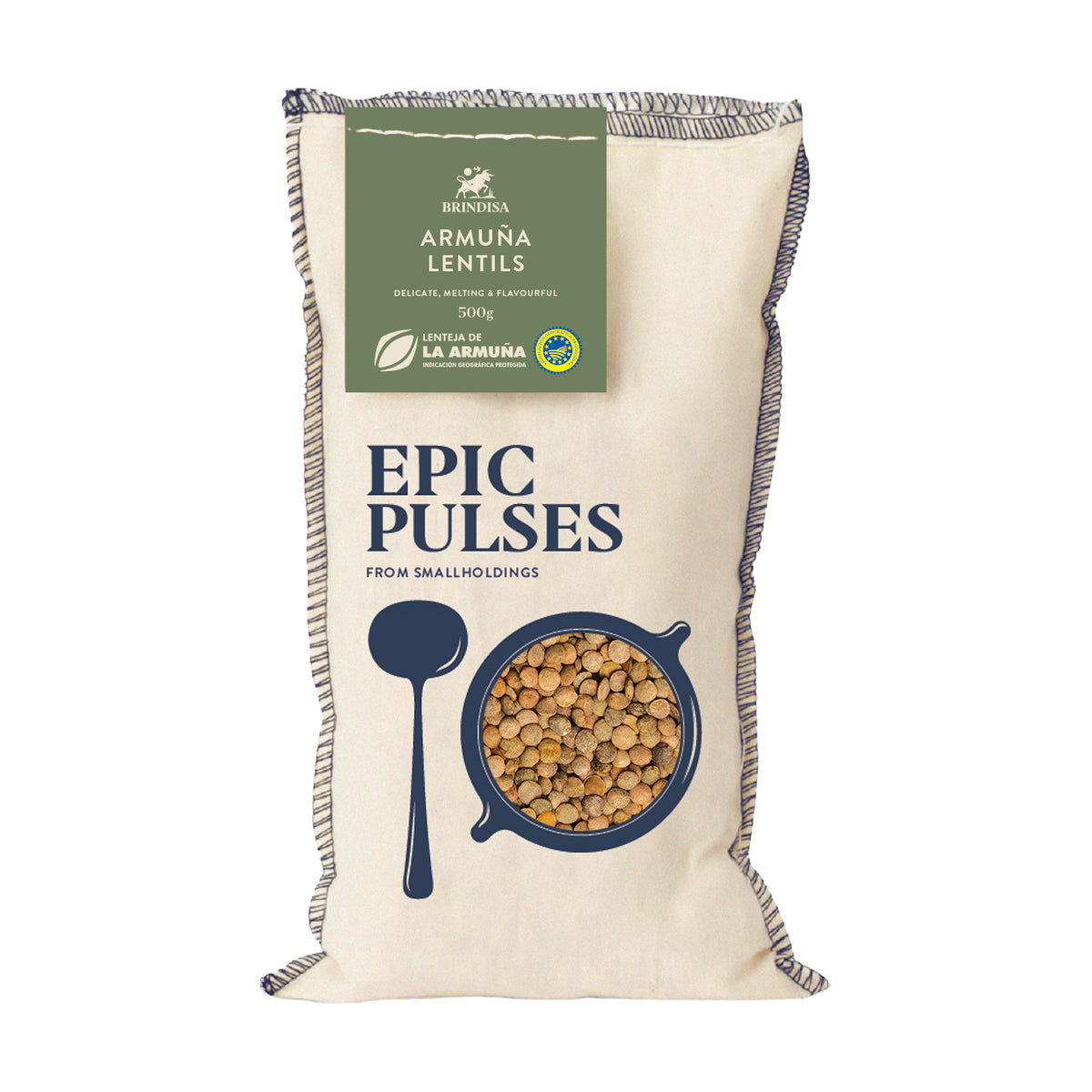 A 500g cloth sack of La Armuna Lentils on a solid white background.