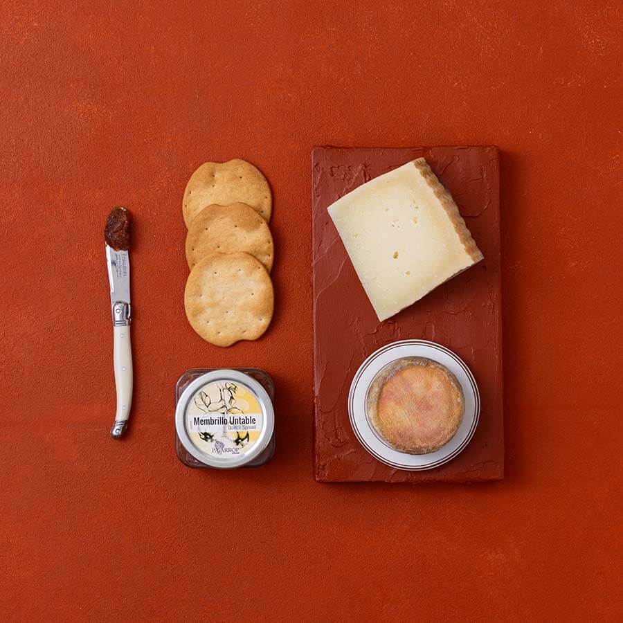 A flat-lay of Spanish cheese, crackers and membrillo on a terracotta background.