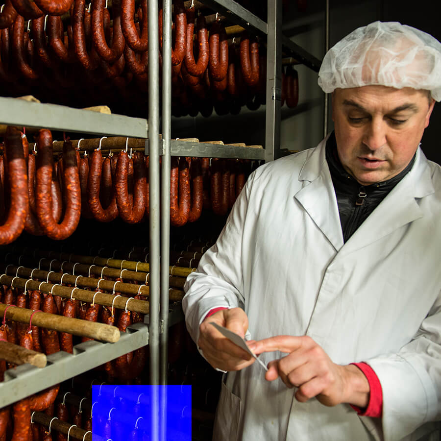 Person in a white coat and hairnet inspecting chorizo in a curing room.