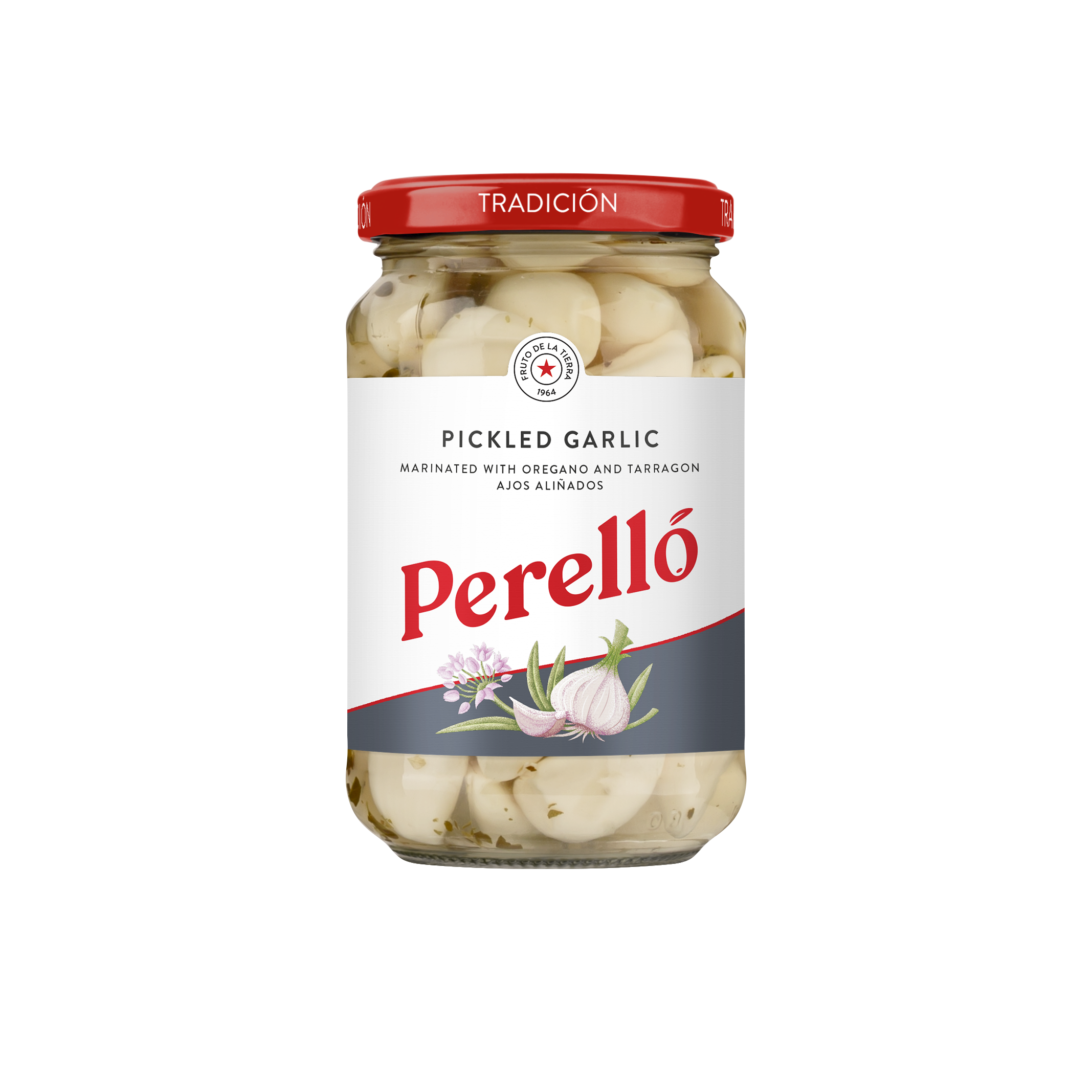 perello pickled garlic cloves in jar with red lid