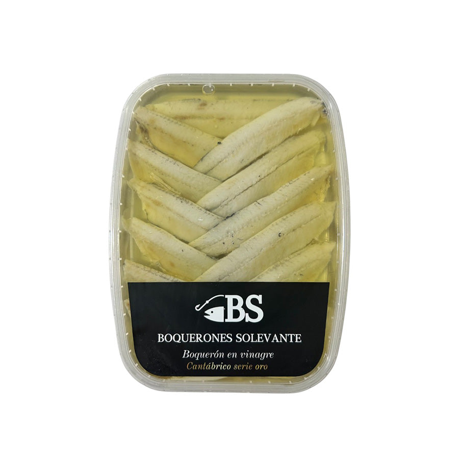 PAcked boquerones with 'BS' branding on a white background