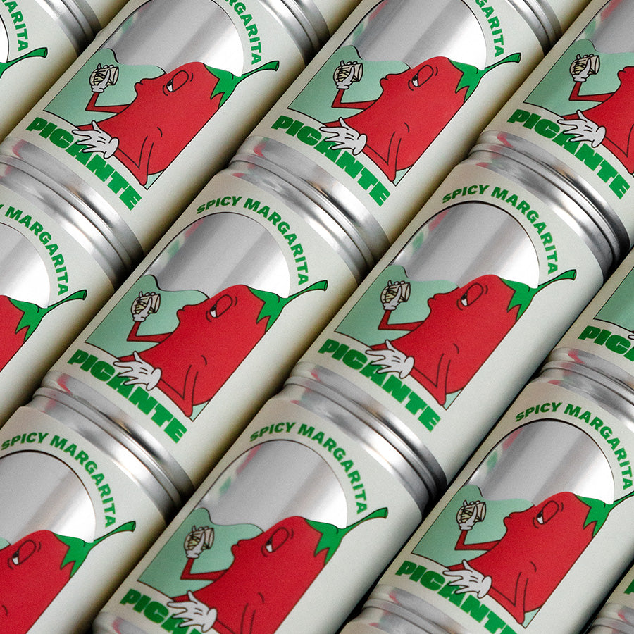 Multiple cans of Picante Spicy Margarita with a red pepper graphic on a white background.