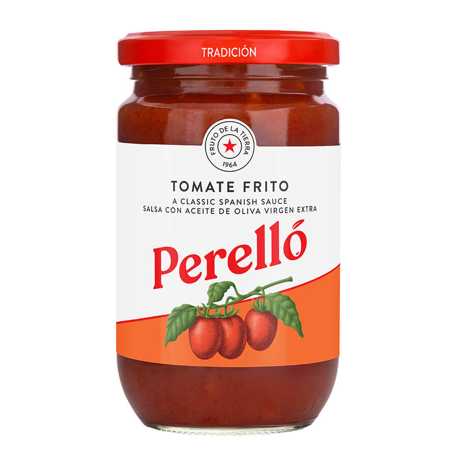 A glass jar of Perelló Tomate Frito sauce on a plain white background.