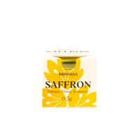 Brindisa saffron packaging with yellow design on a white background