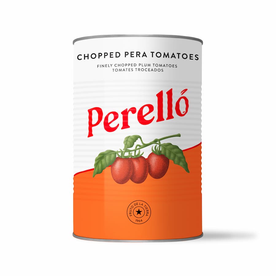 A can of Perelló Chopped Pera Tomatoes on a clean white background.