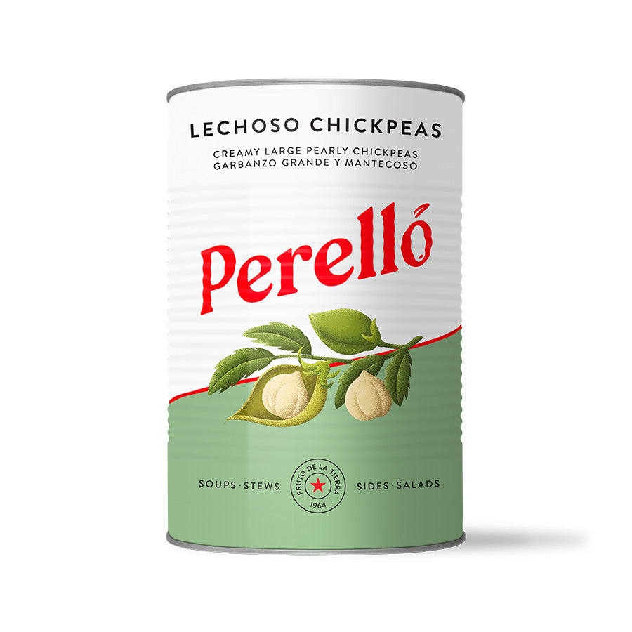Perello spanish chickpeas tin in white background