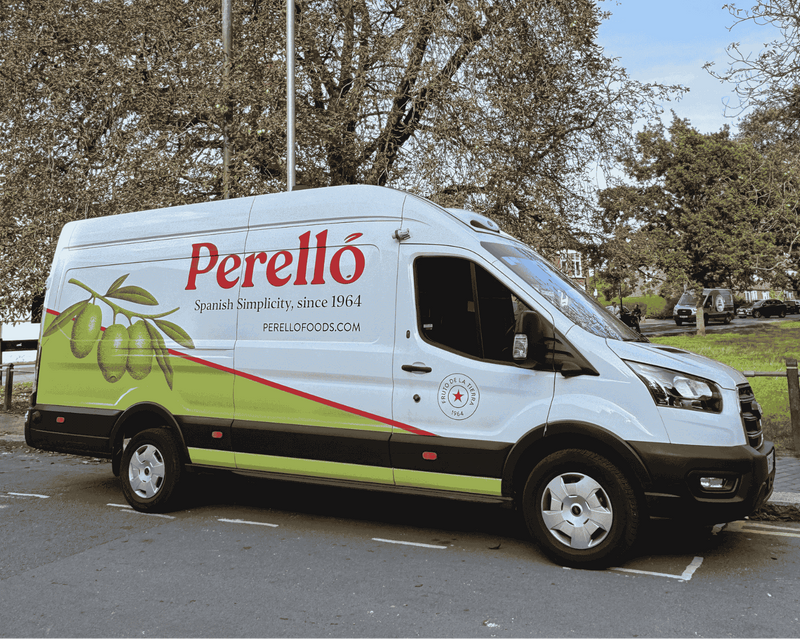 Van with Perello branding parked on a street
