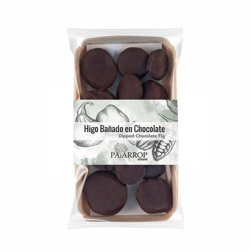 Packaged chocolate-dipped figs with a visible brand label on a white background