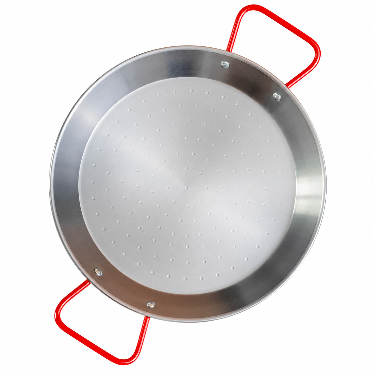 A steel paella pan with red handles on a white background
