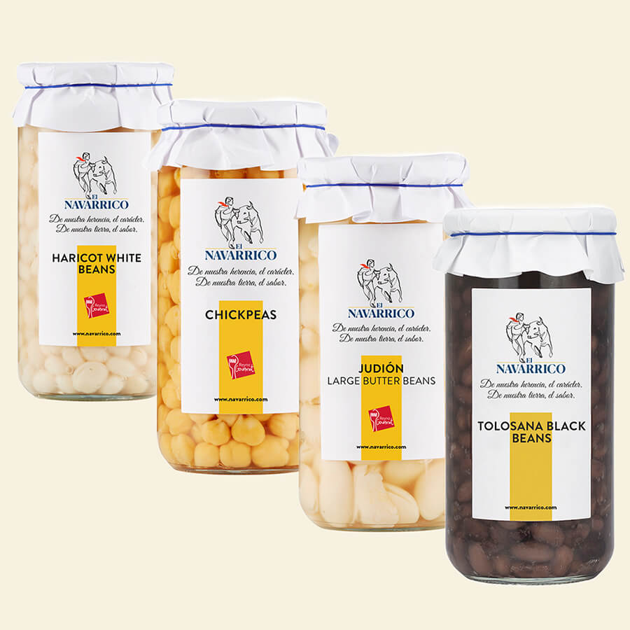 a jar or Navarrico haricot beans, a jar of Navarrico chickpeas, a jar of judion beans, a jar of tolosana black beans