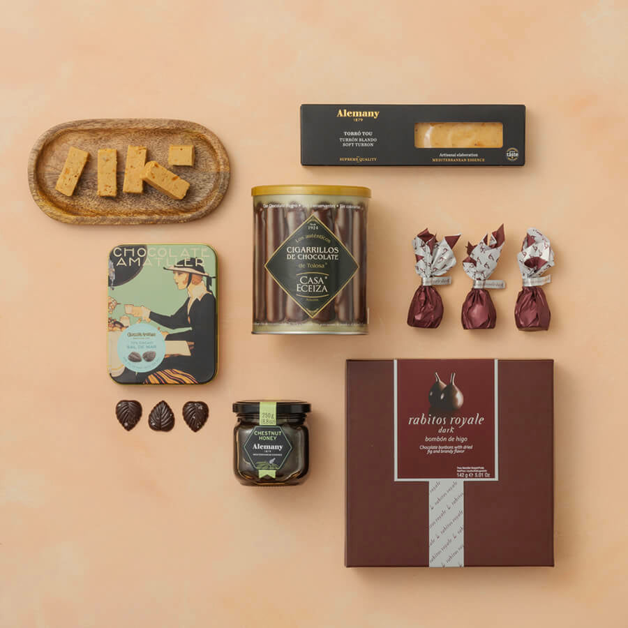 Collection of snacks and treats on a beige background