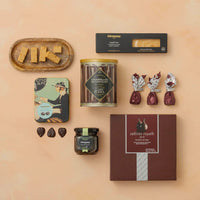 Collection of snacks and treats on a beige background