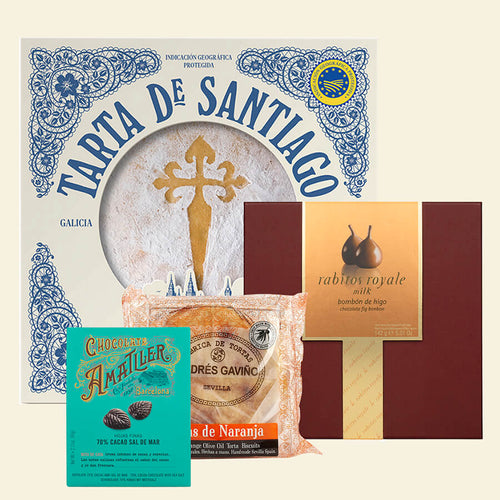 the sweet bundle includes a tarta de Santiago box, rabitos royal box, amantler 70% cocoa leafs, and gavino tortas with orange