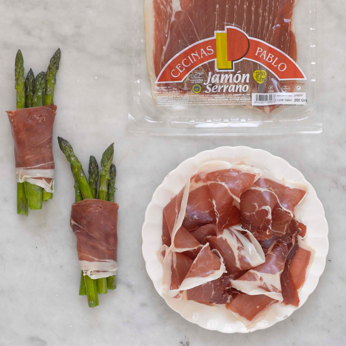 Cecinas Pablo Serrano Ham Slices served with asparagus Brindisa Spanish Foods