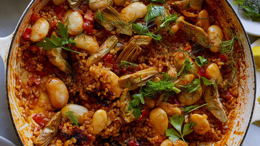 Anna Jones' Lemon, artichoke and butter bean paella from her new book Easy Wins