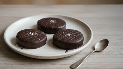 turron & walnut stuffed chocolates (Kariokes) on a plate and a spoon next to them 