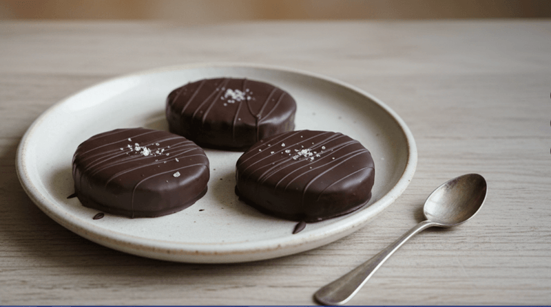 turron & walnut stuffed chocolates (Kariokes) on a plate and a spoon next to them 