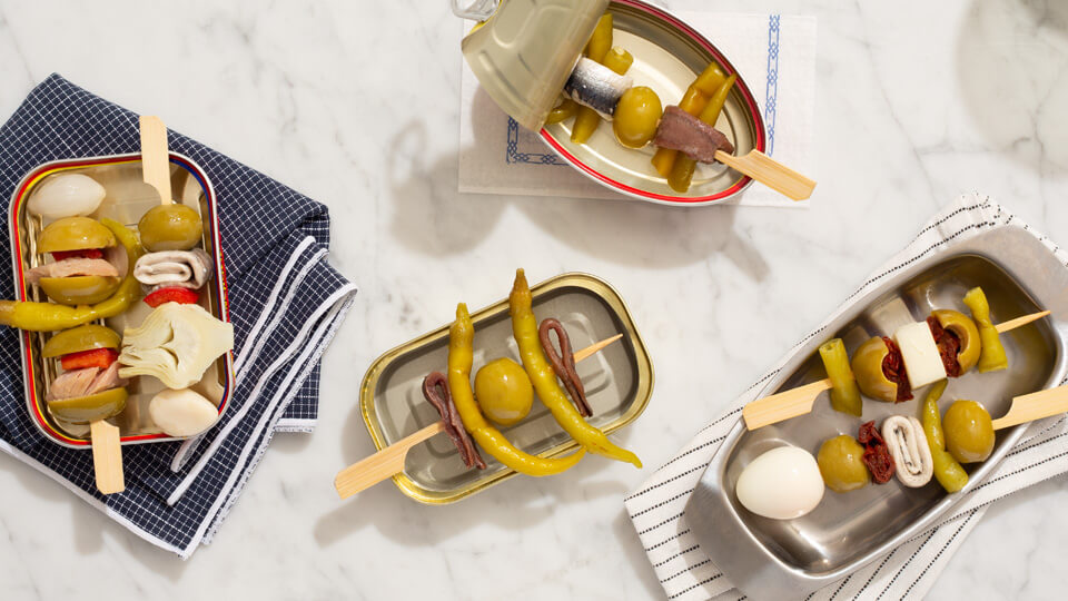 gildas - skewers with olive, anchovy, egg, guindilla peppers, cheese