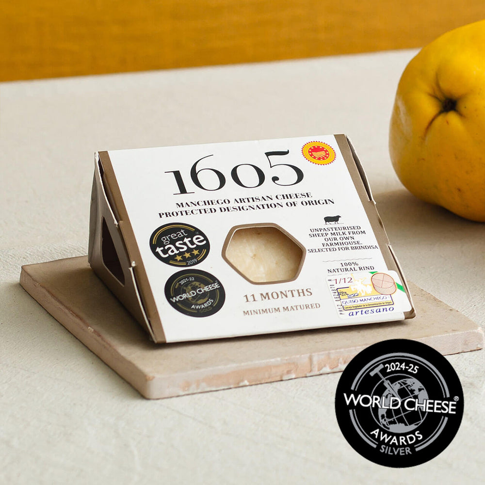 1605 artisan Manchego 11 months minimum matured with a silver World Cheese award stamp