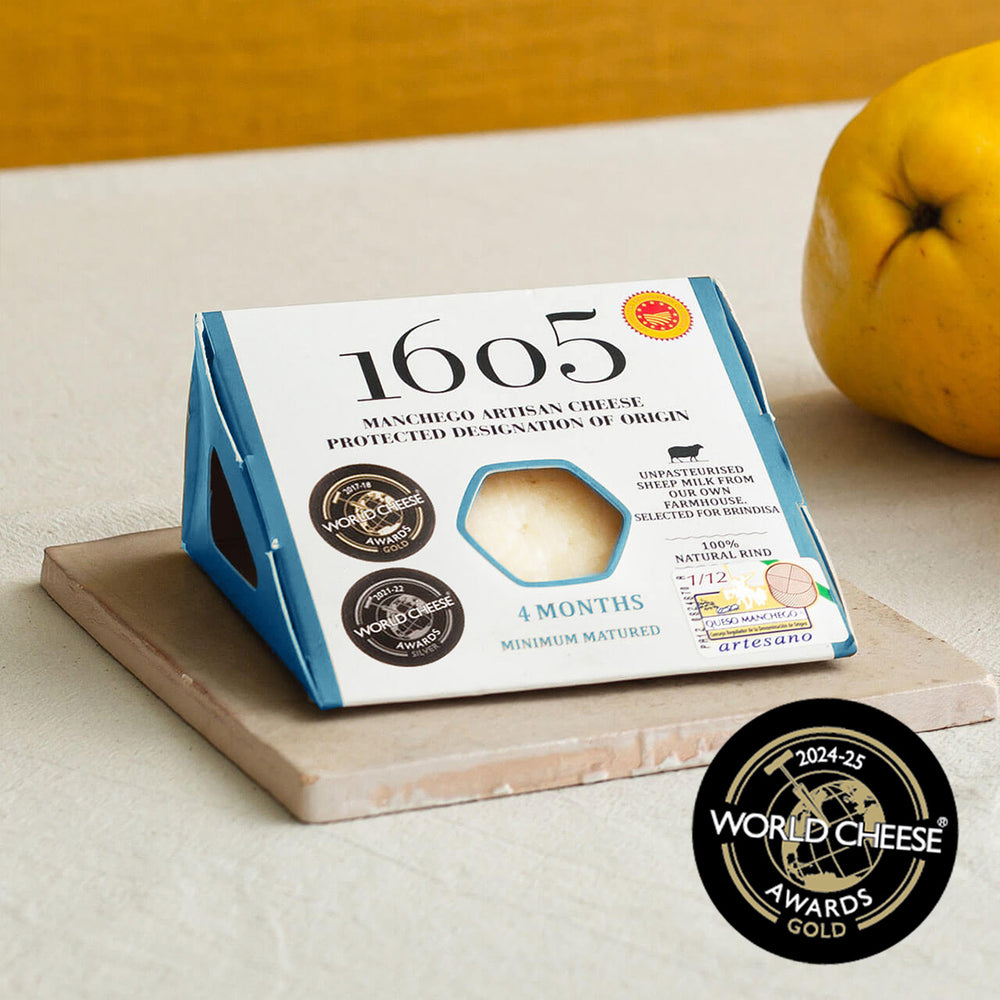 1605 Manchego with 4 months minimum maturation and the gold World Cheese Award stamp