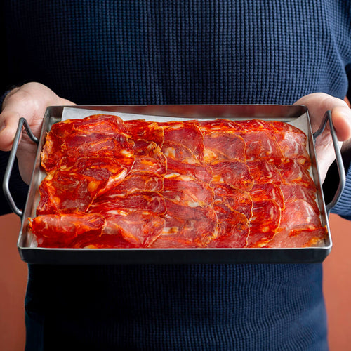 Senorio acorn-fed morcon cut on a tray