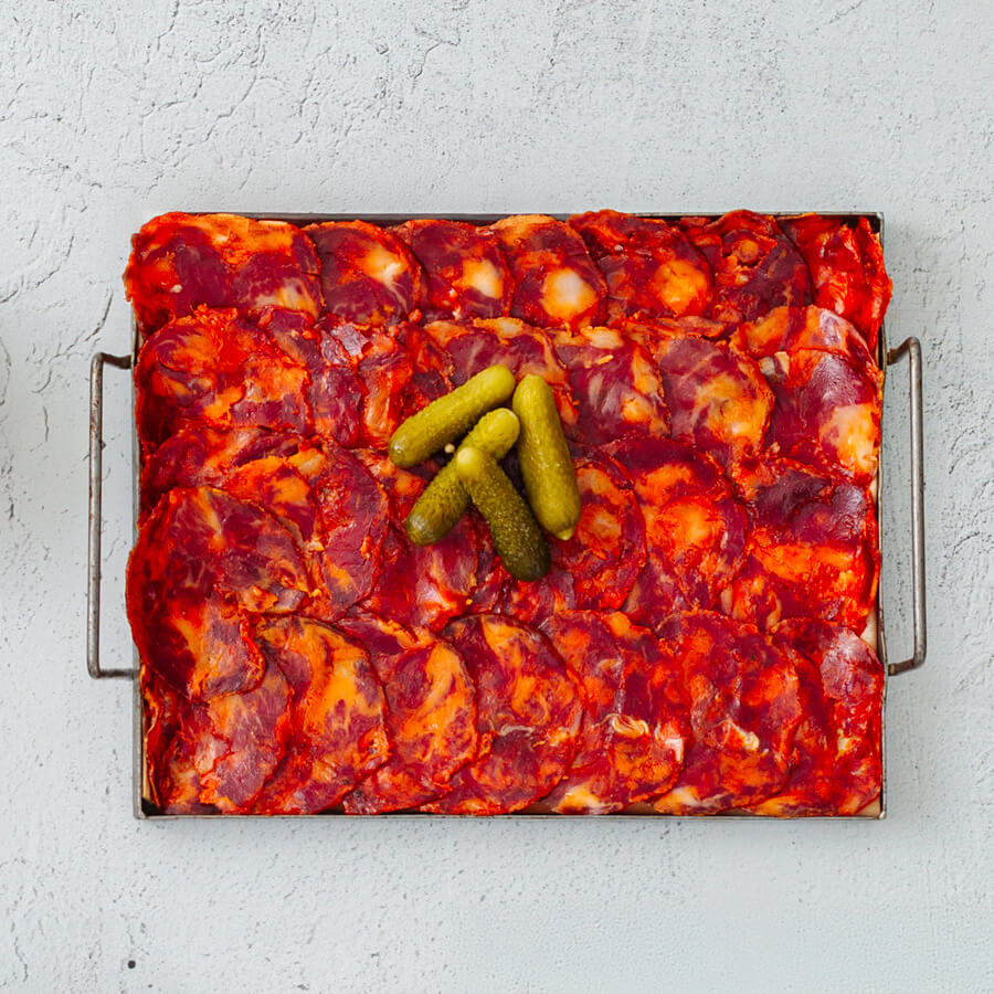 Iberico de Bellota Chorizo Slices on a tray