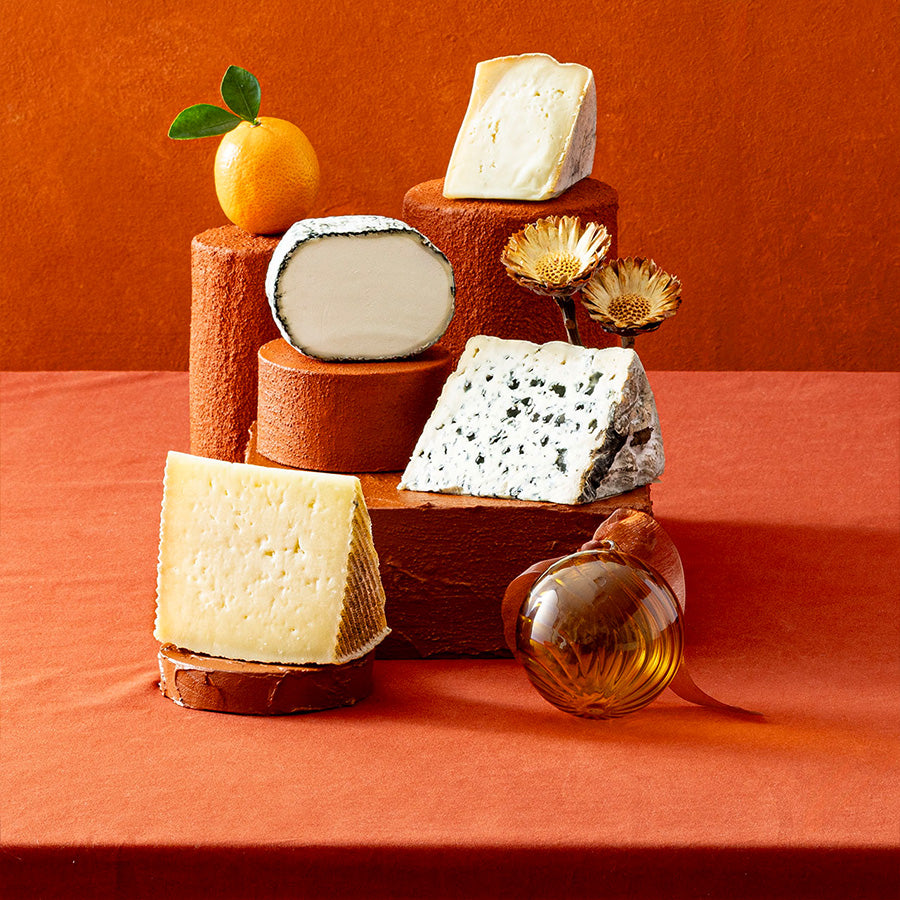 An assortment of artisanal cheeses displayed on terracotta-colored cylindrical and rectangular stands, with a small orange, dried flowers, and a glass honey pot on a matching terracotta surface against a terracotta background.
