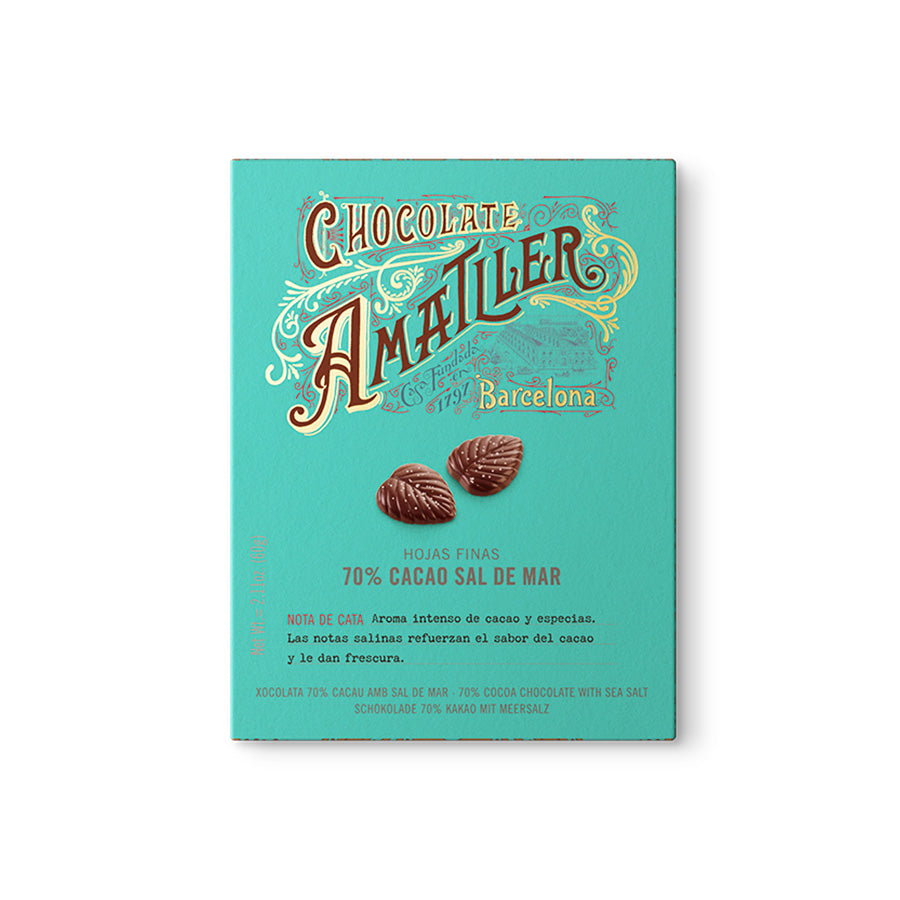 Amatler dark chocolate leaves with 50% cocoa and Mediterranean salt packshot