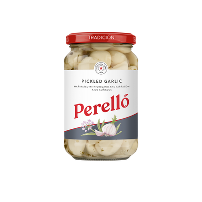 perello pickled garlic cloves in jar with red lid