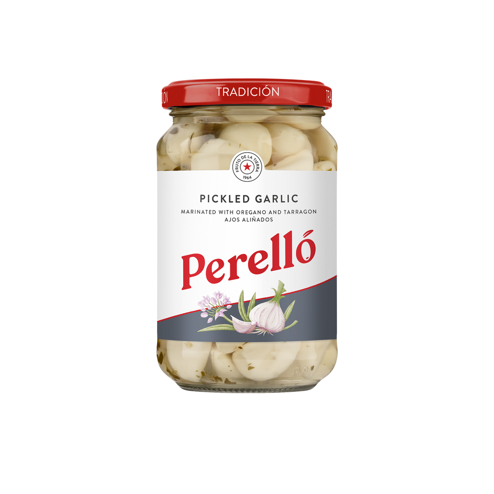 perello pickled garlic cloves in jar with red lid