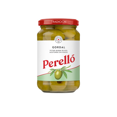perello gordal olives in jar with red lid