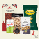 Collection of Spanish food products including chorizo, olives, nuts, and potato chips on a beige background.