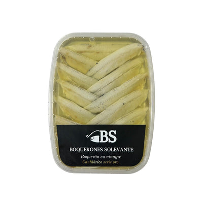 PAcked boquerones with 'BS' branding on a white background