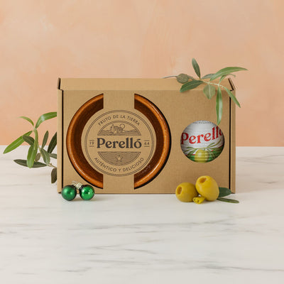 perello gift box, one tin and one terracota dish with christmas decorations
