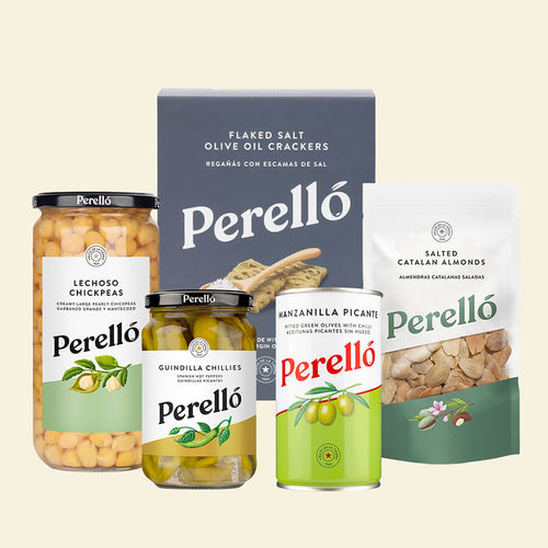 A box of Perello flaked salt reganas, a pack of Perello salted catalan almonds, a tin of Perello Manzanillas, a jar of perello guildilla peppers and and a jar od Perello lechoso chickpeas.