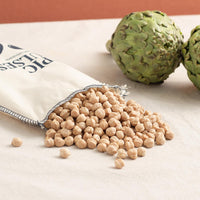 Brindisa Epic Golden Chickpeas in a fabric sack with two artichokes garbazo spanish foods 500g