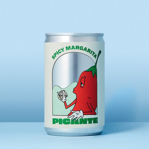 Can of Spicy Margarita with a cartoon pepper character on a light blue background