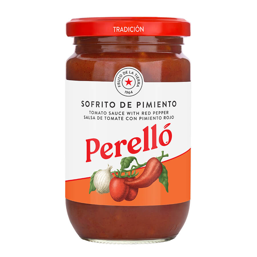 A glass jar of Perelló Sofrito de Pimiento tomato sauce with red pepper.