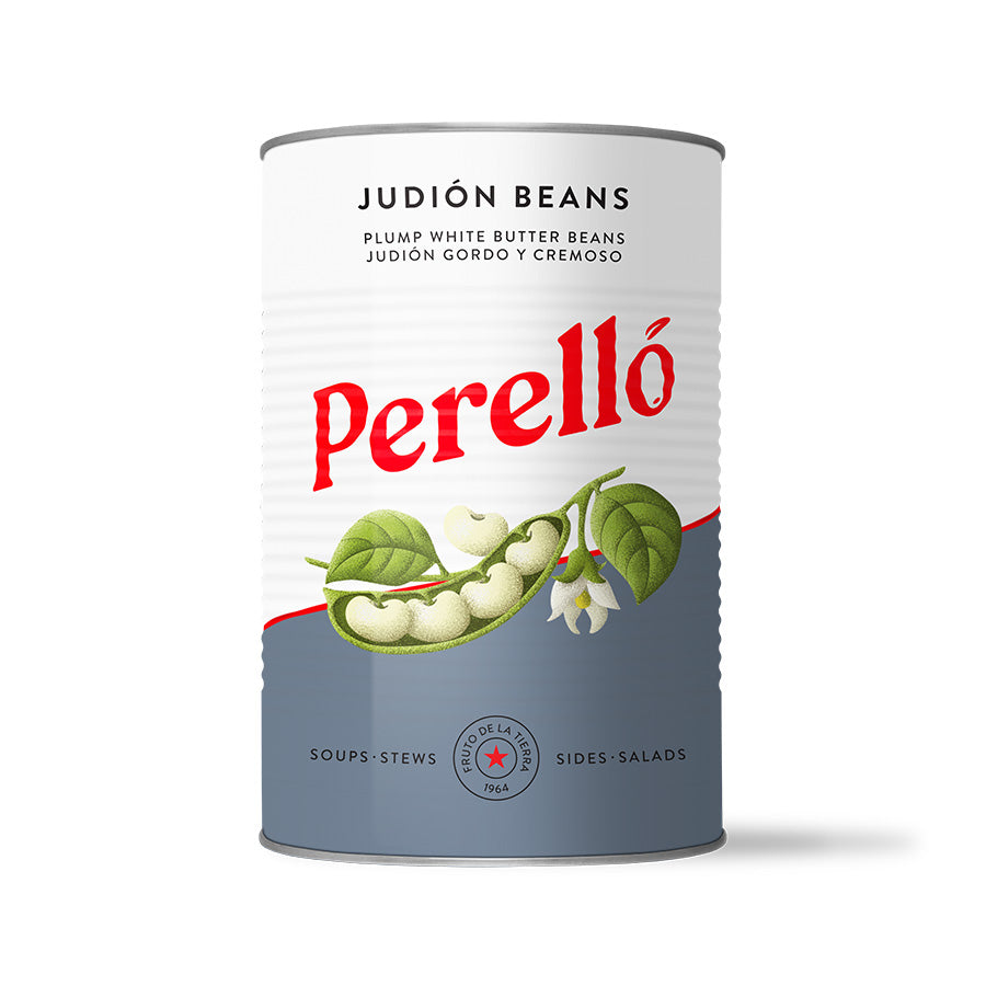 Perello Spanish butter beans in tin on a white background