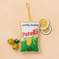 Felt product with 'Perello' branding on a beige background with lemon slices and olives.
