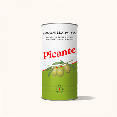 Can of Manzanilla Picante olives on a white background