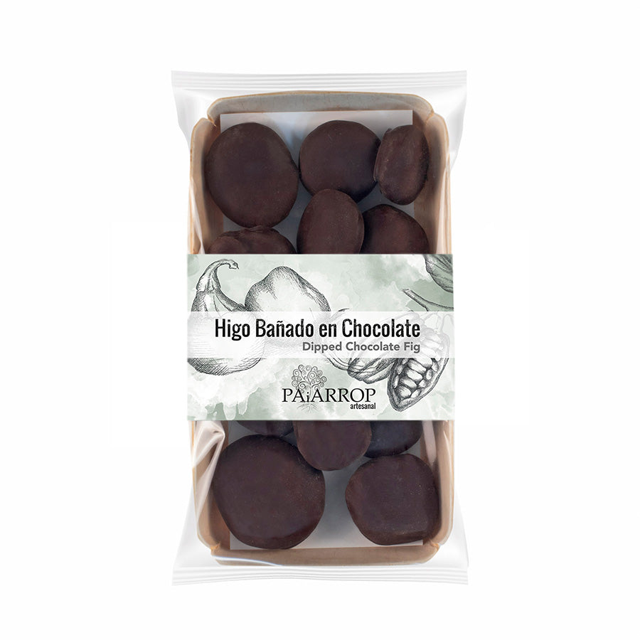 Packaged chocolate-dipped figs with a visible brand label on a white background