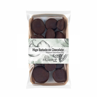 Packaged chocolate-dipped figs with a visible brand label on a white background