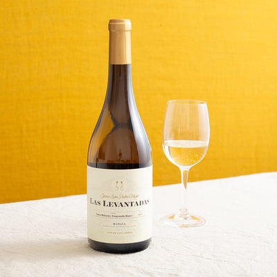 A bottle of white wine and a glass