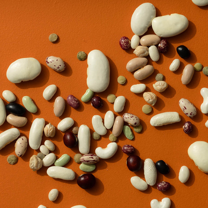 Assorted beans and legumes on an orange background