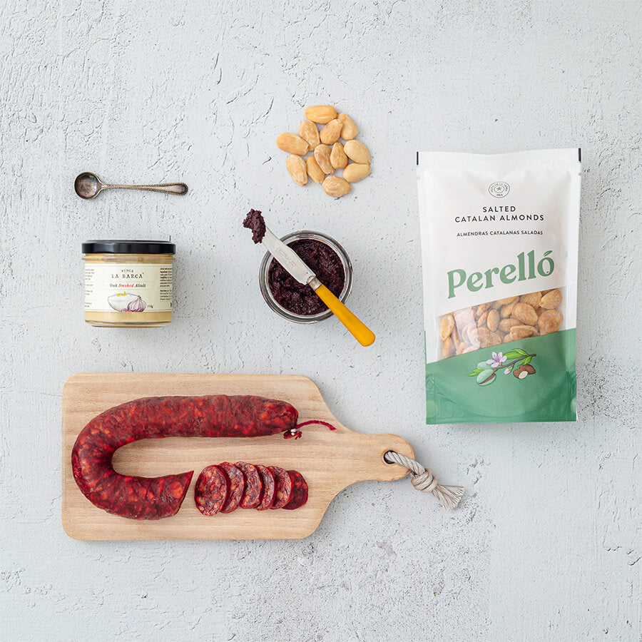 best of Brindisa hamper contents, alioli, perello catalan almonds, olive paste, chorizo